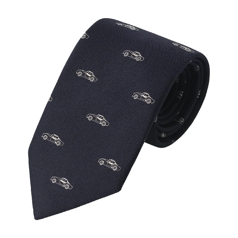 Embroidered Silk Tie in Navy Blue with Car Pattern