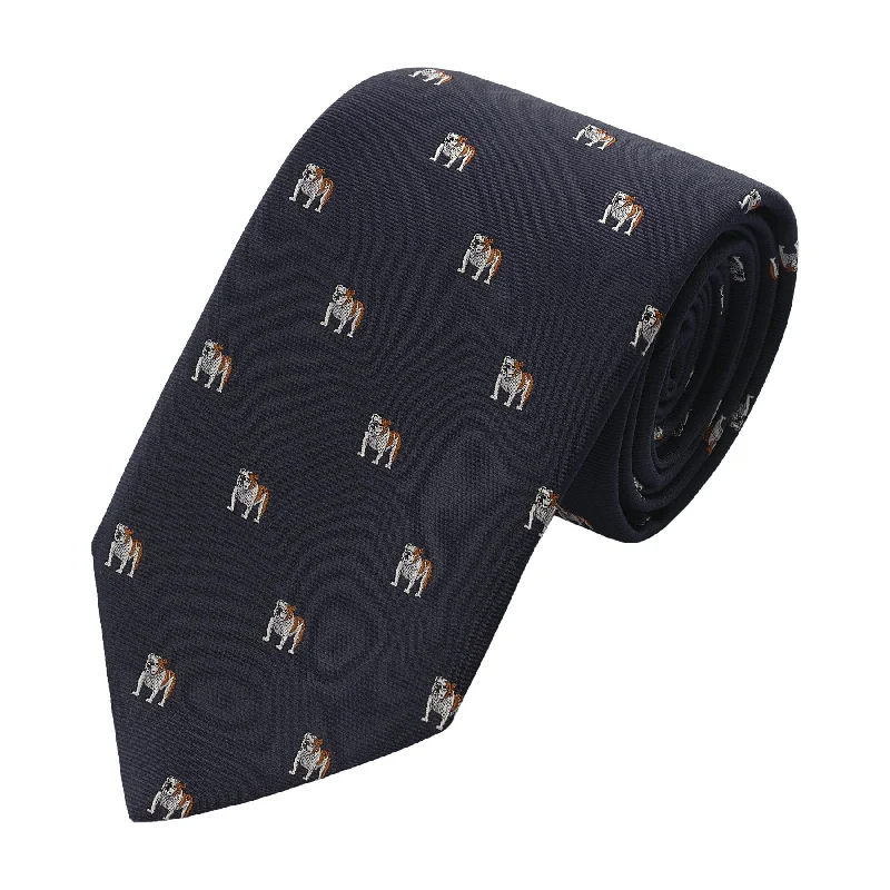 Embroidered Silk Tie in Blue with Bulldog Motif