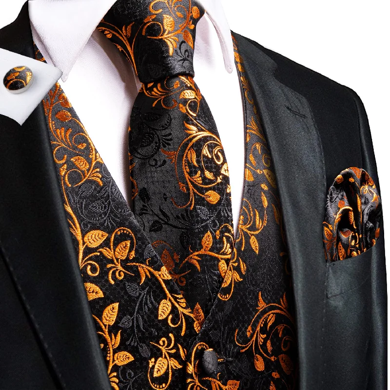 Hi-Tie Black Golden Leaves Silk Men's Vest Hanky Cufflinks Tie Set Waistcoat Suit Set