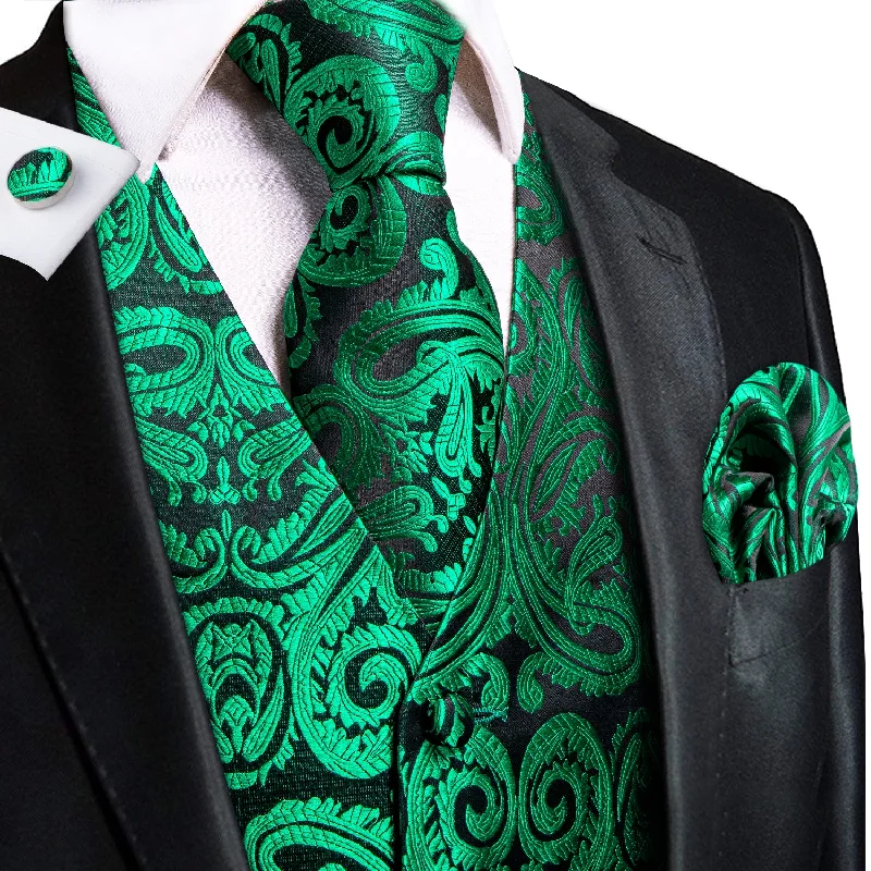 Green Paisley Silk Men's Vest Hanky Cufflinks Tie Set Waistcoat Suit Set