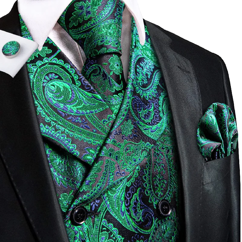 Green Purple Black Paisley Silk Men's Vest Hanky Cufflinks Tie Set Waistcoat Suit Set