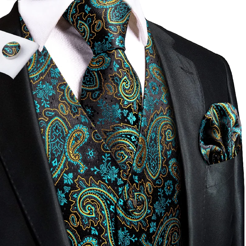 Teal Golden Paisley Silk Men's Vest Hanky Cufflinks Tie Set Waistcoat Suit Set