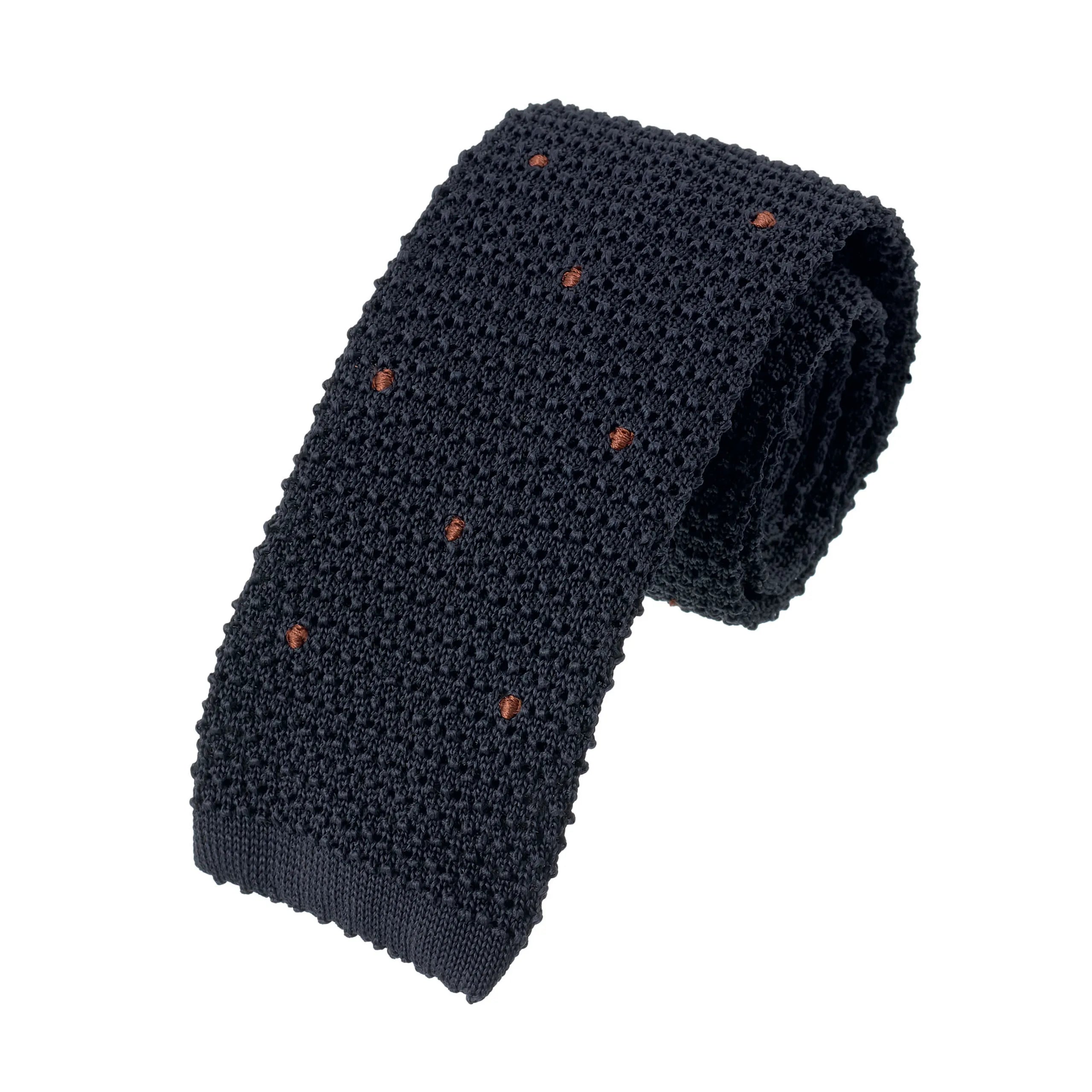 Polka Dot Knitted Silk Tie in Dark Blue and Brown