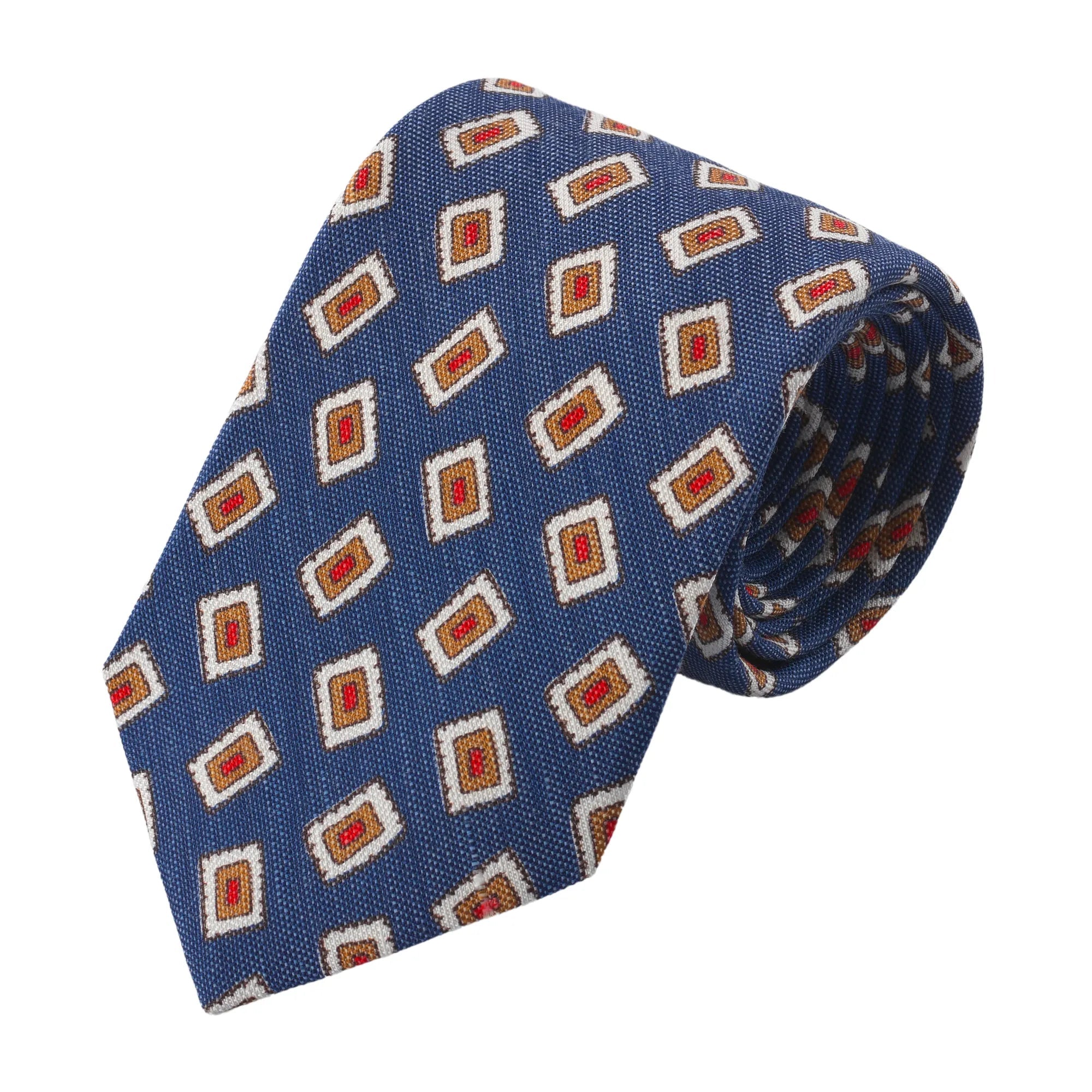 Self-Tipped Silk-Linen Tie in Blue with Pattern