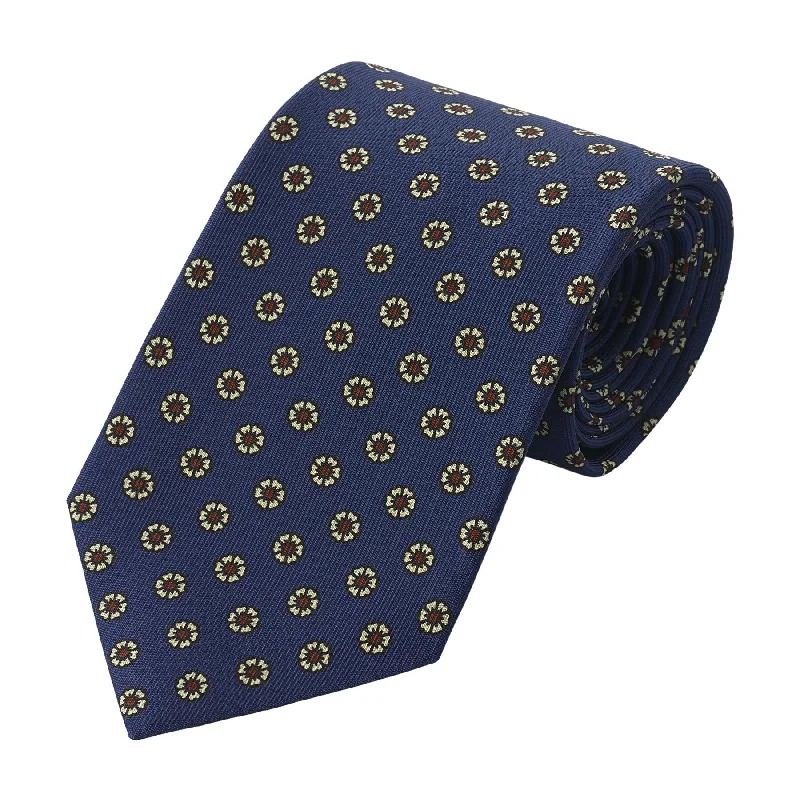 Printed Self-Tipped Silk Tie in Blue with Yellow Pattern