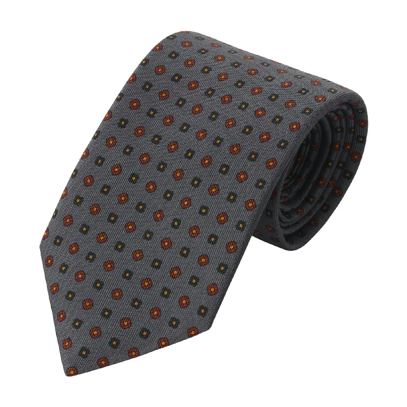 Printed Self-Tipped Silk Tie in Grey