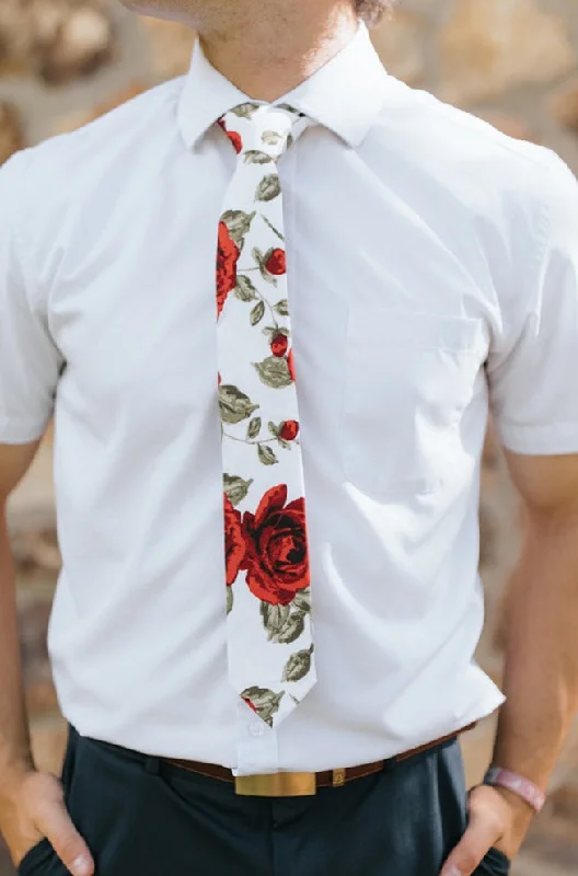 R&B White Tie w/ Large Red Rose