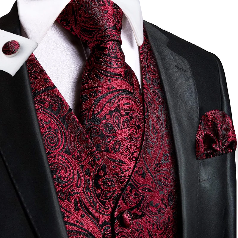 Red Black Paisley Silk Men's Vest Hanky Cufflinks Tie Set Waistcoat Suit Set