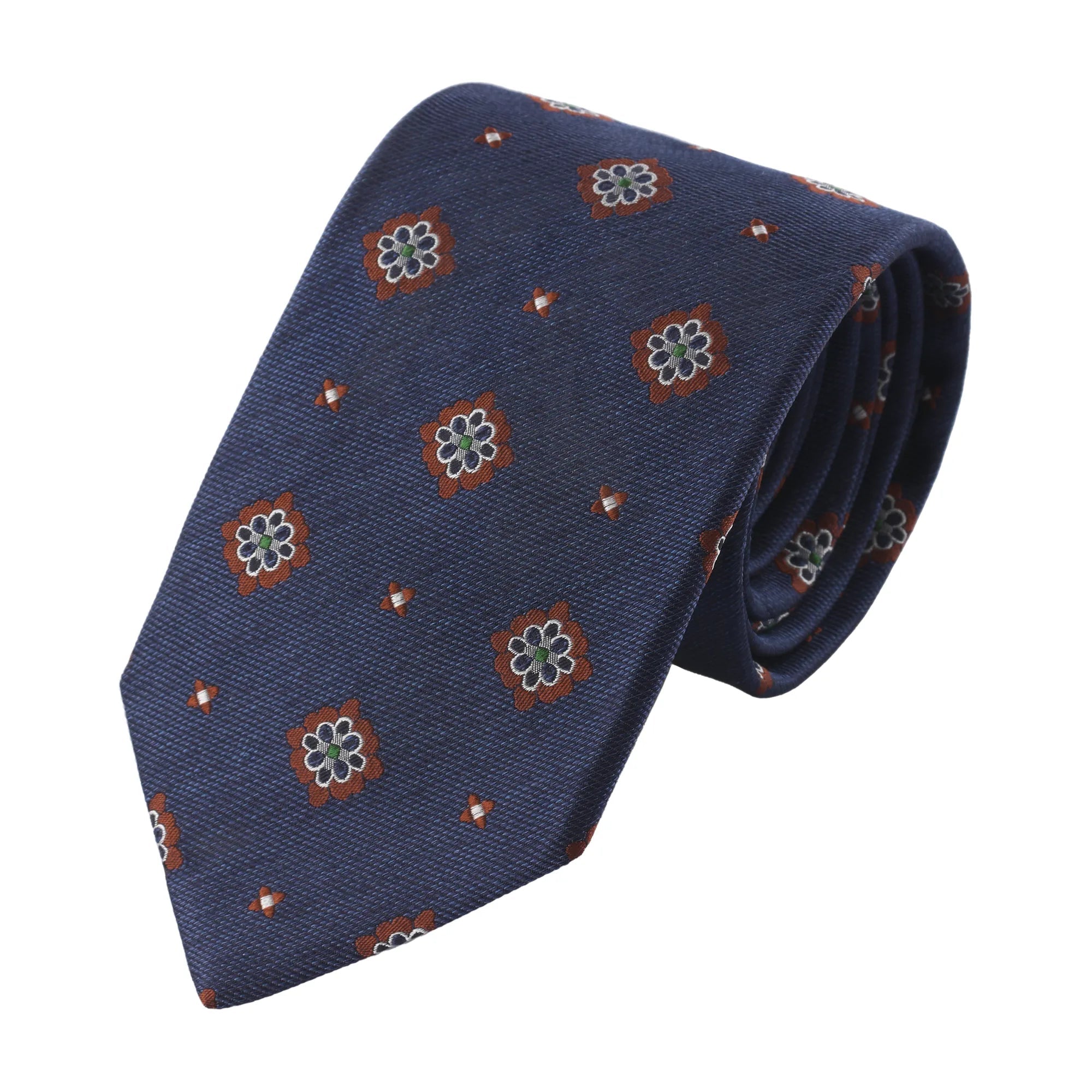 Flower-Embroidered Woven Silk Tie in Blue