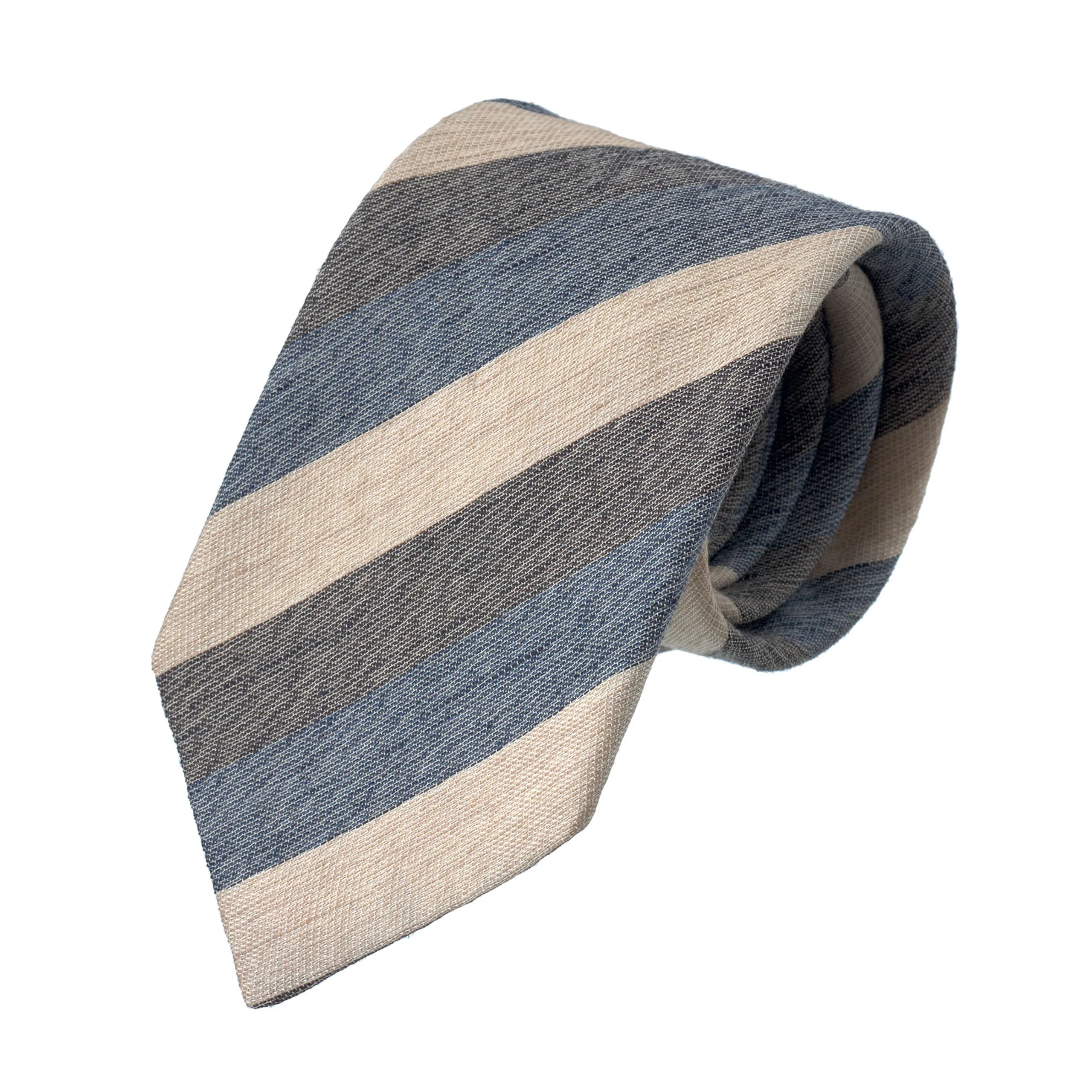 Striped Silk and Linen-Blend Tie in Beige, Blue and Grey