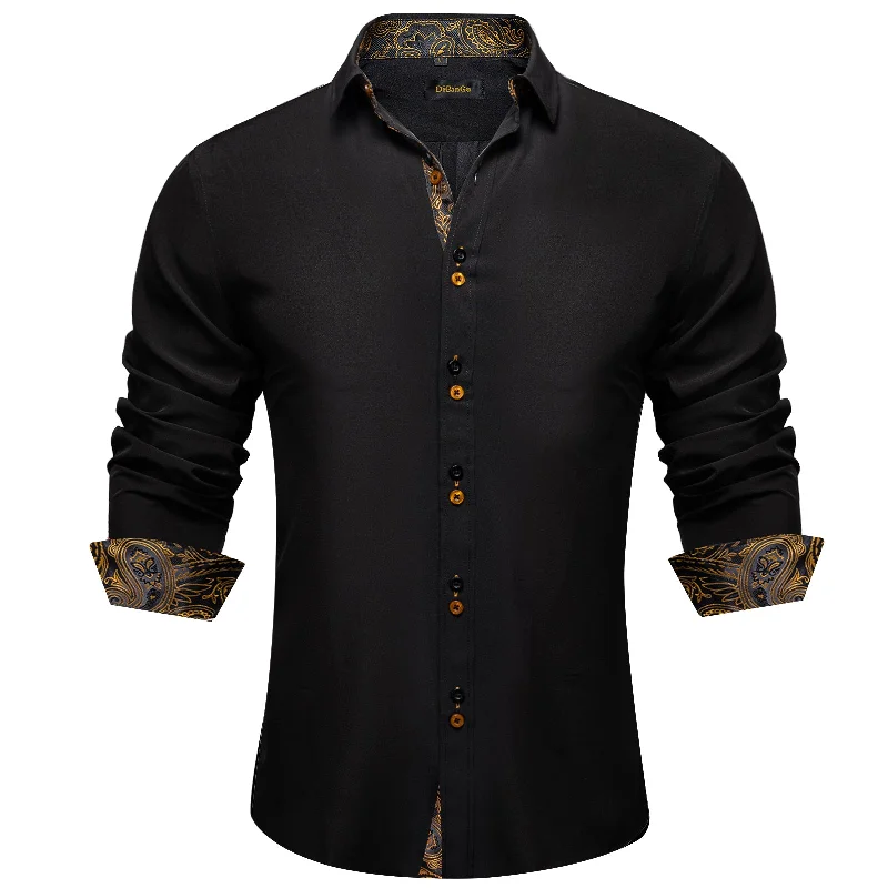 DiBanGu Black Golden Paisley Splicing Long Sleeve Shirt For Men