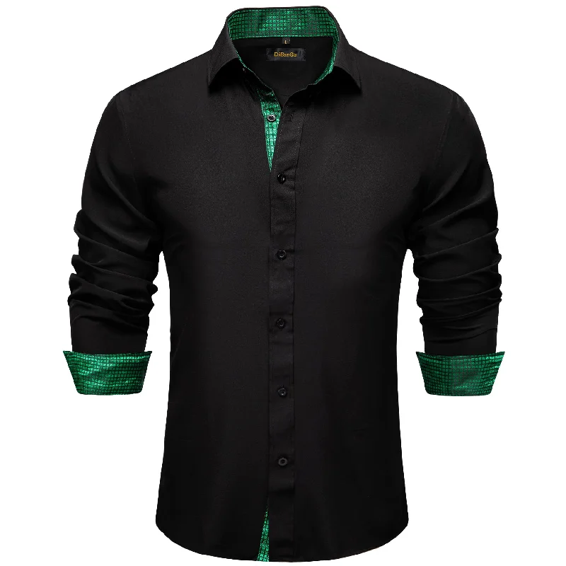 DiBanGu Black Green Lattice Splicing Long Sleeve Shirt For Men