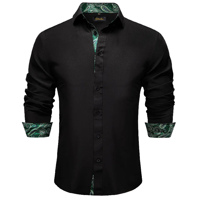 DiBanGu Black Green Paisley Splicing Long Sleeve Shirt For Men