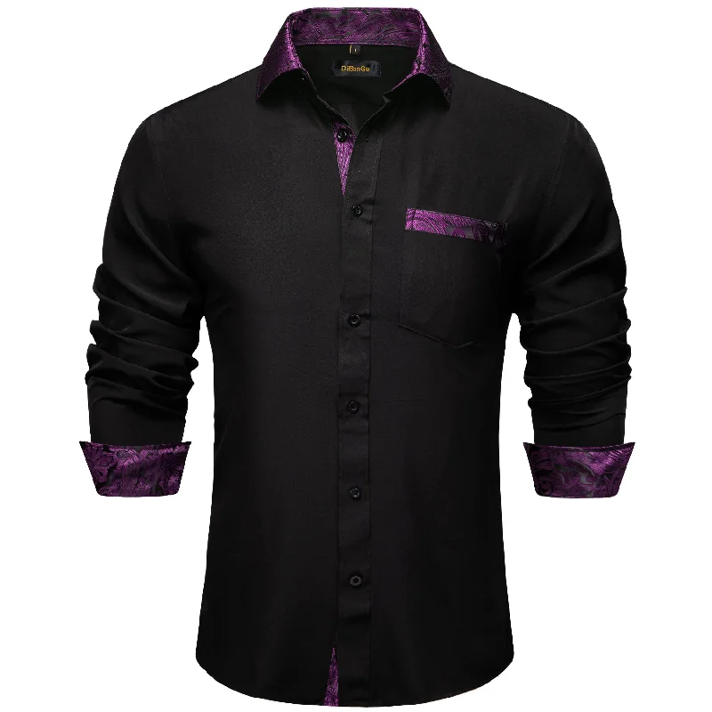 DiBanGu Black Purple Paisley Splicing Long Sleeve Shirt For Men