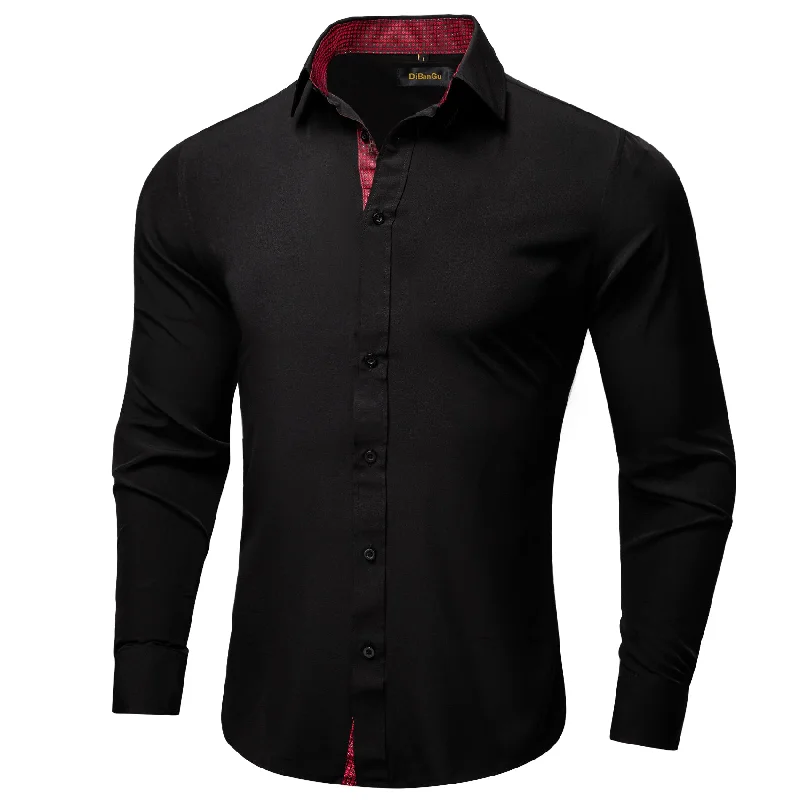 DiBanGu Black Red Lattice Splicing Long Sleeve Shirt For Men