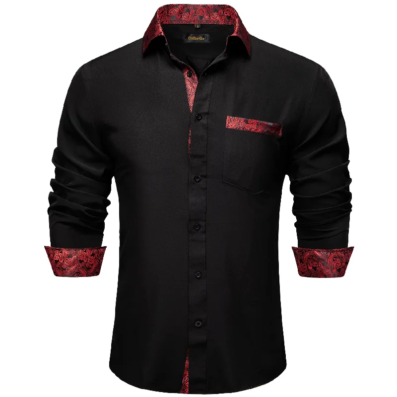 DiBanGu Black Red Paisley Splicing Long Sleeve Shirt For Men