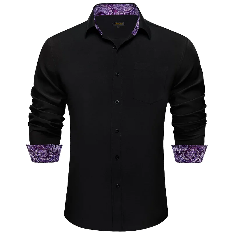 DiBanGu Black Solid Splicing Orchid Purple Paisley Silk Mens Long Sleeve Shirt