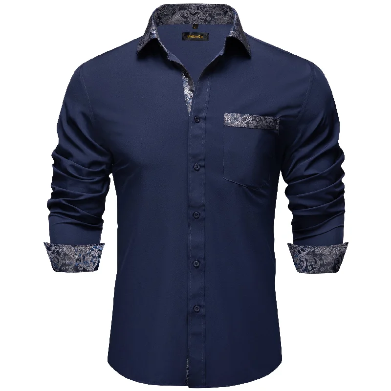 DiBanGu Blue Grey Paisley Splicing Long Sleeve Shirt For Men