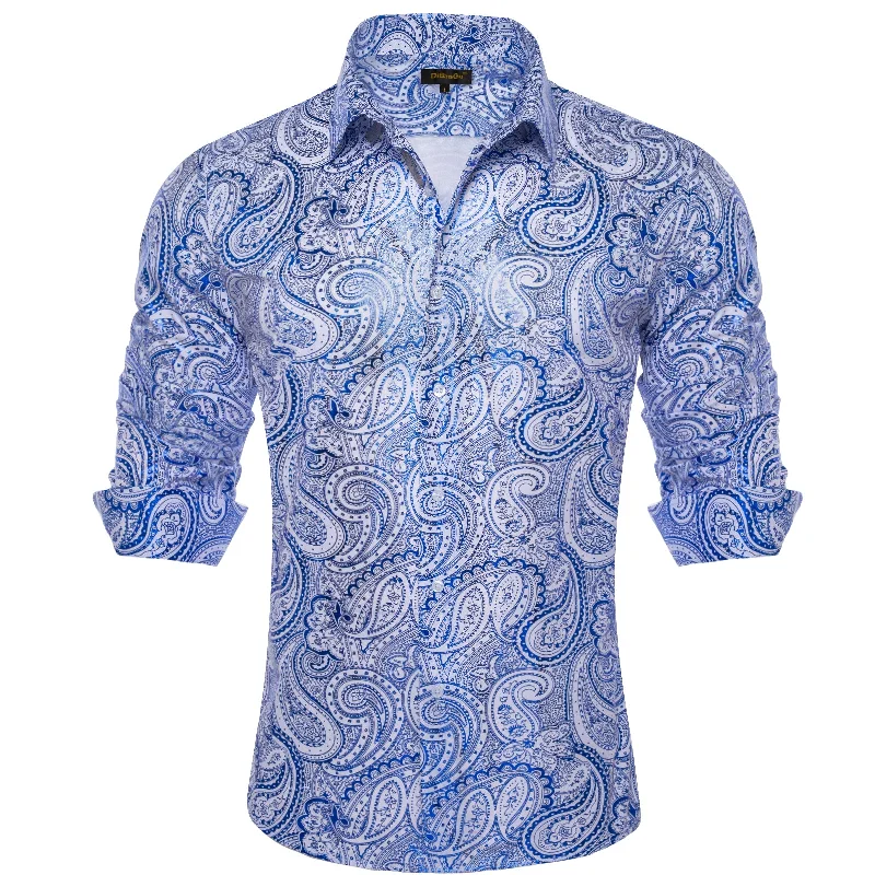 DiBanGu Blue Paisley Hot Stamping Button Up Long Sleeve Shirt for Men