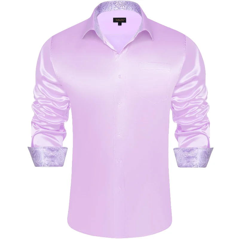 DiBanGu Collar Shirt Languid Lavender Purple Satin Splicing Solid Button Down Mens Shirt for Business