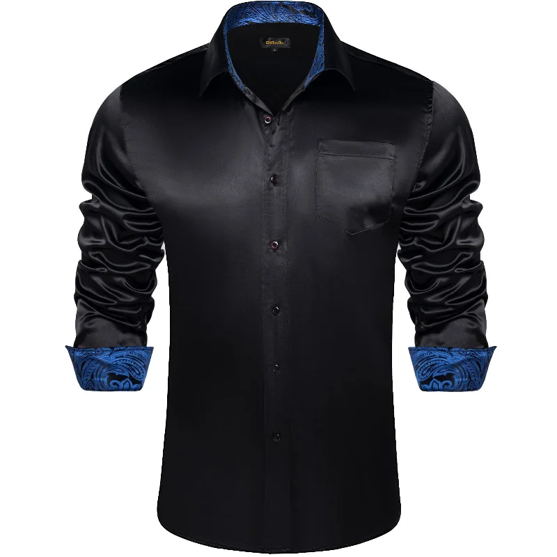 DiBanGu Collar Shirt Onyx Black Satin Splicing Solid Button Down Mens Shirt for Business