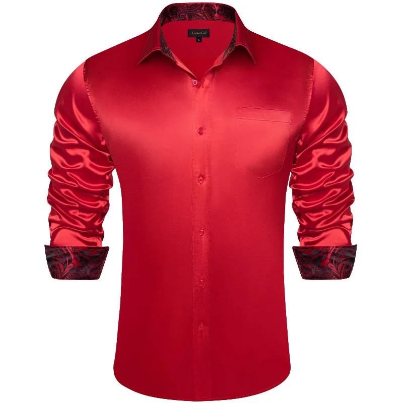 DiBanGu Collar Shirt Radical Red Satin Solid Button Down Shirt for Mens Formal