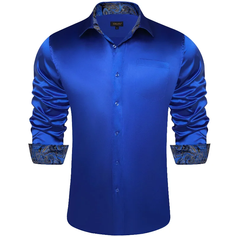 DiBanGu Collar Shirt Violet Blue Satin Splicing Solid Button Down Mens Shirt