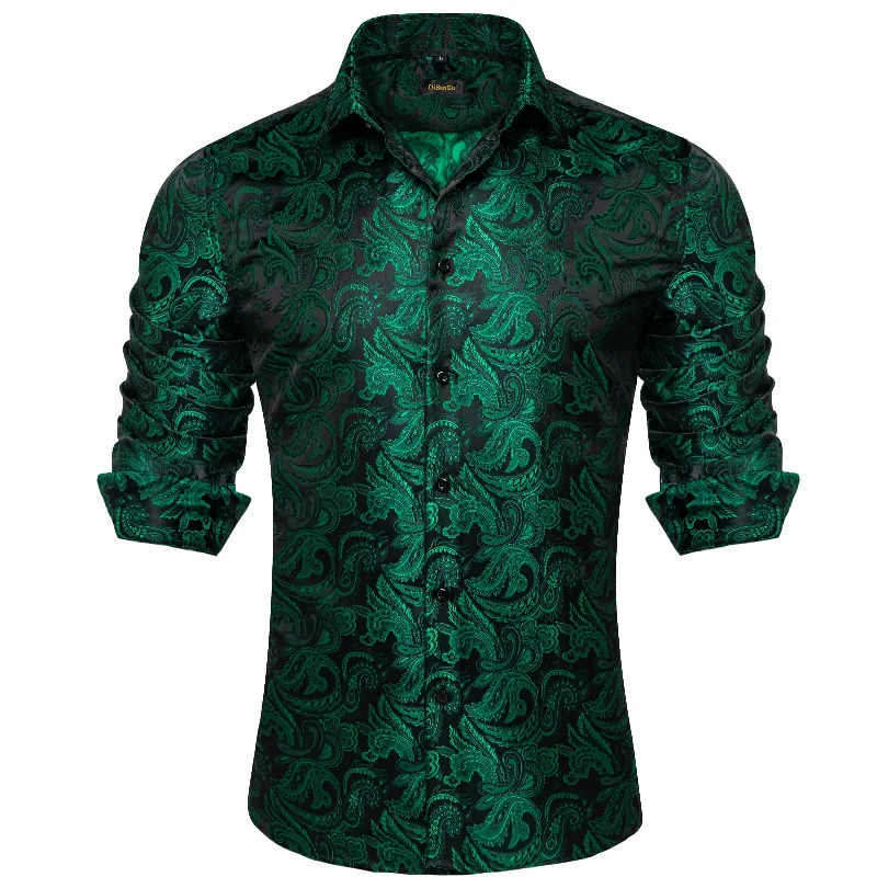 DiBanGu Collared Shirt Deep Green Floral Silk Button Down Long Sleeve Mens Shirt Dress