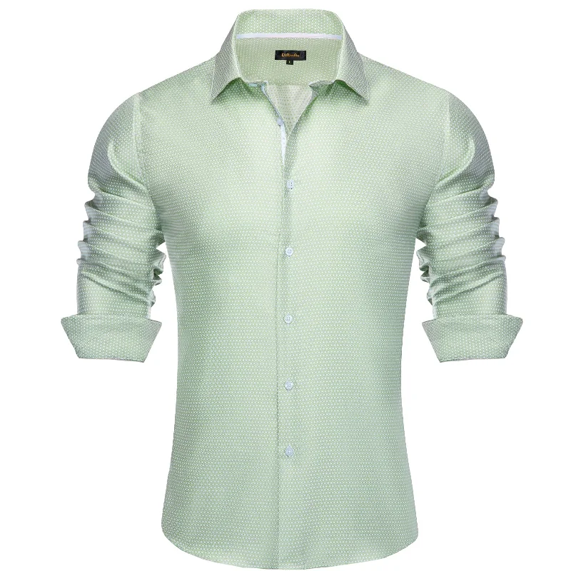 DiBanGu Collared Shirt Mint Green Polka Dot Silk Button Down Long Sleeve Shirt for Men