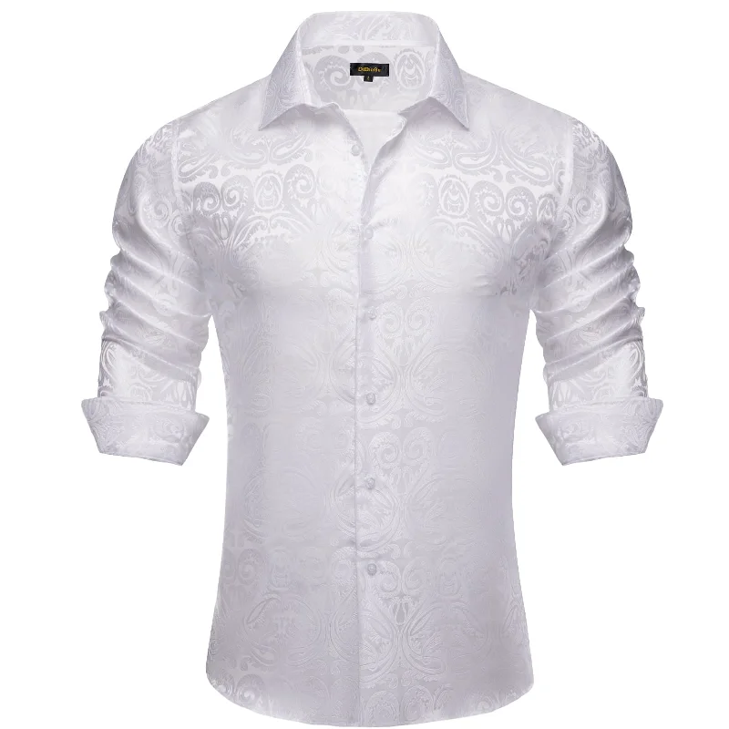 DiBanGu Collared Shirt Munsell White Floral Silk Button Down Long Sleeve Shirt for Men