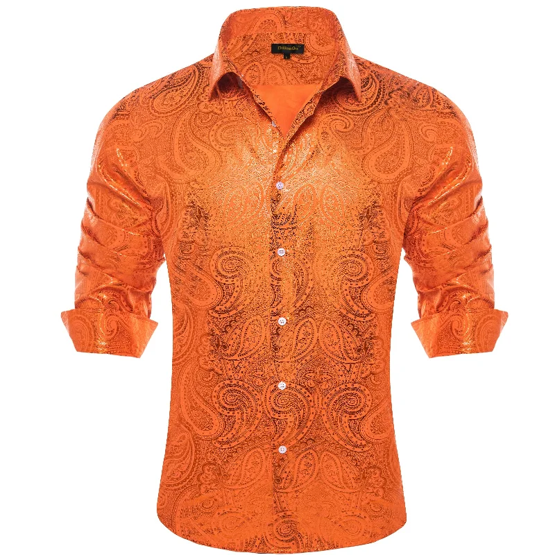 DiBanGu Deep Carrot Orange Paisley Hot Stamping Button Up Long Sleeve Shirt for Men