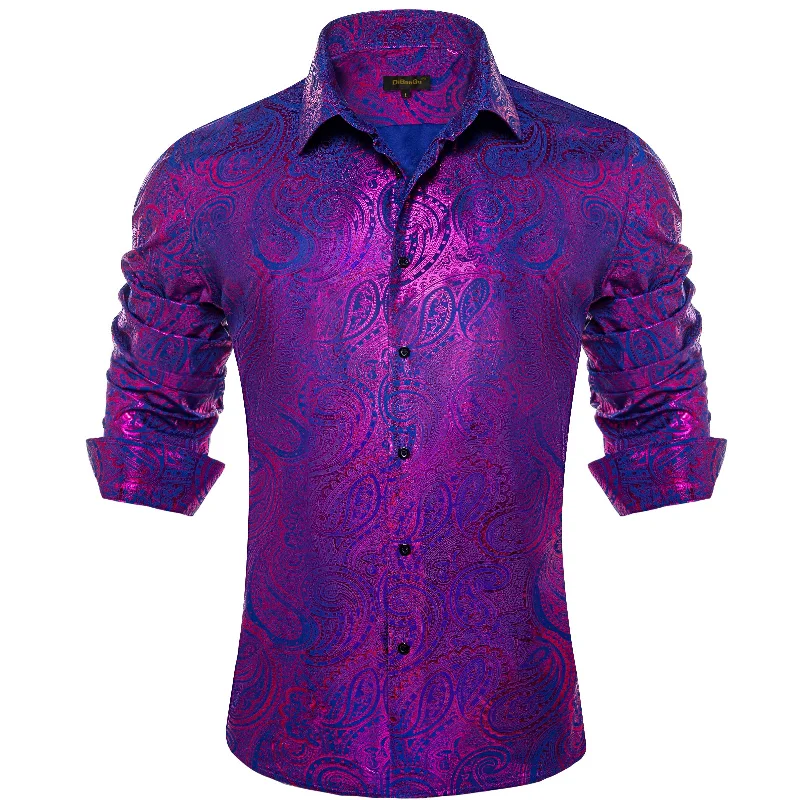 DiBanGu Deep Purple Blue Paisley Hot Stamping Button Up Long Sleeve Shirt for Men