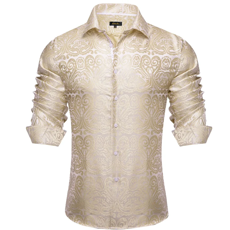 DiBanGu Dress Shirt Champagne Floral Button Down Long Sleeve Mens Shirt Top