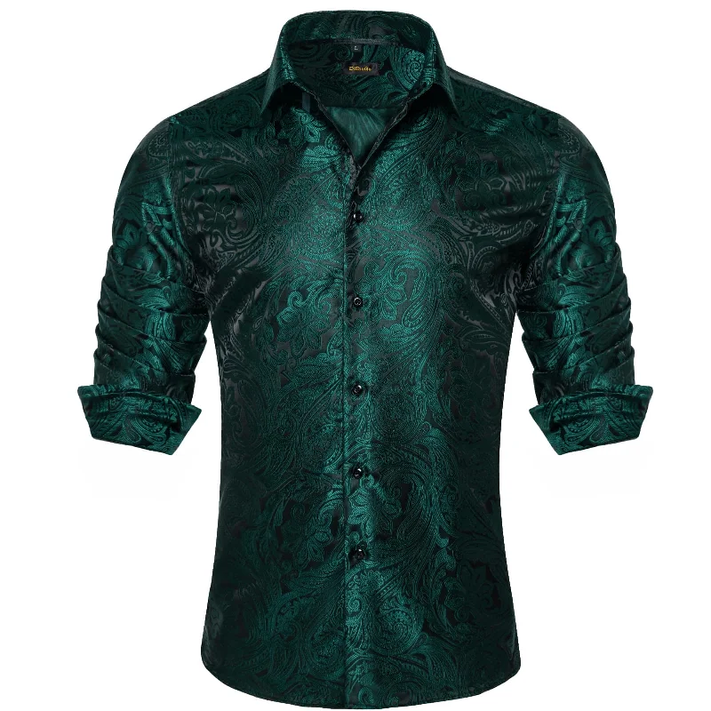 DiBanGu Dress Shirt Medium Jungle Green Paisley Long Sleeve Button Up Silk Shirt for Men