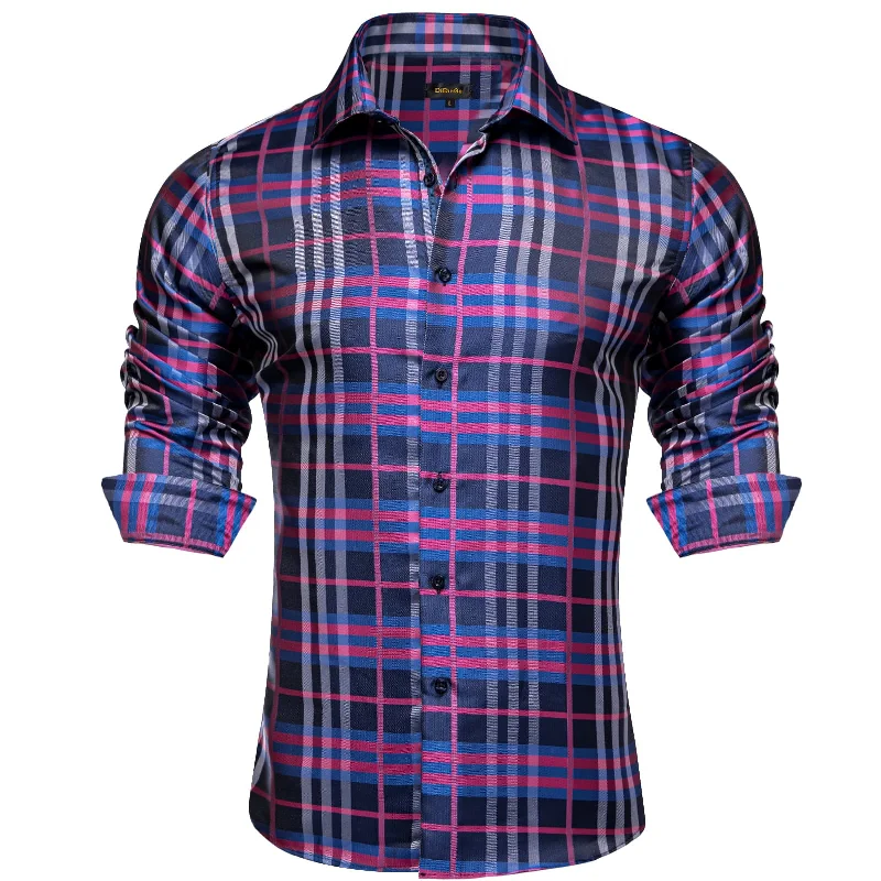 DiBanGu Dress Shirt Purple Blue Plaid Button Down Long Sleeve Mens Business Shirt Top