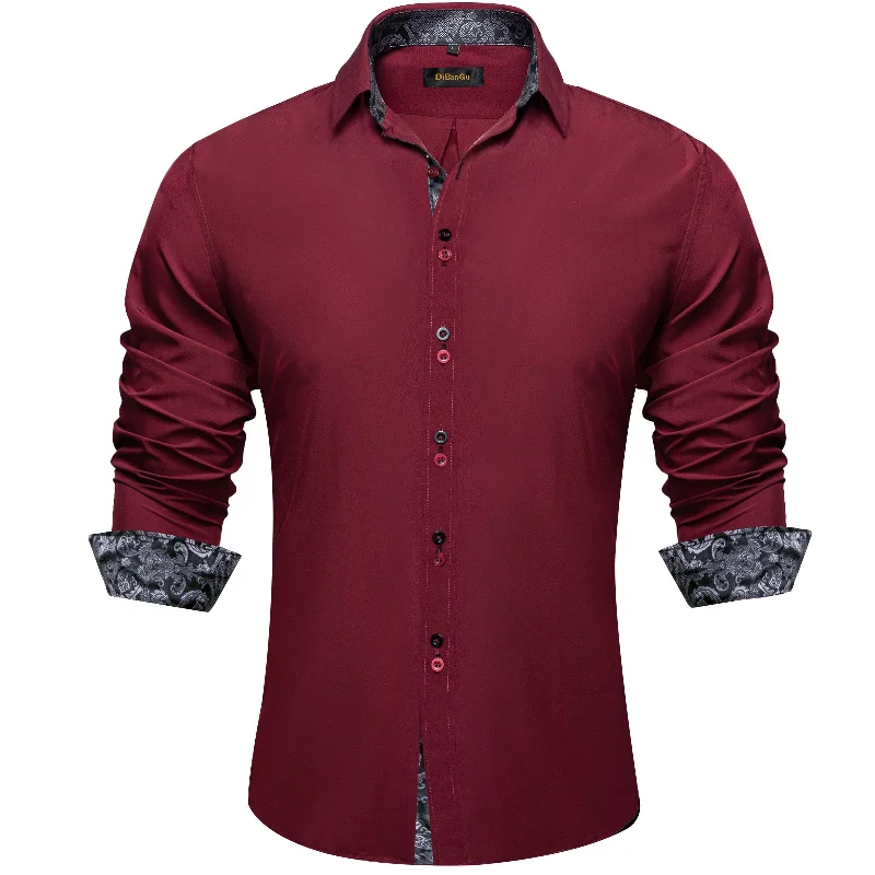 DiBanGu Dress Shirt Red Wine Solid Long Sleeve Splicing Casual Mens Silk Shirt