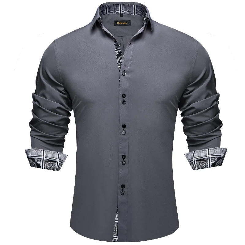 DiBanGu Grey Silver Paisley Splicing Long Sleeve Shirt For Men