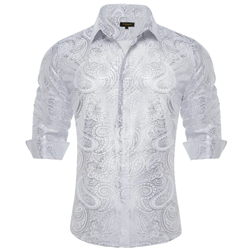 DiBanGu Light Grey Paisley Hot Stamping Button Up Long Sleeve Shirt for Men