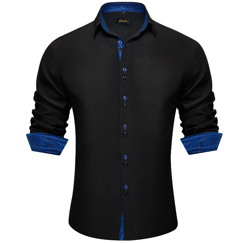 DiBanGu Mens Dress Shirt Black Solid Blue Plaid Splicing Silk Long Sleeve Shirt