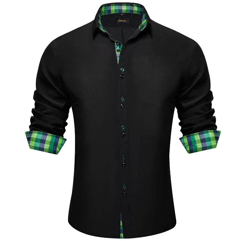 DiBanGu Mens Dress Shirt Black Solid Green Blue Plaid Splicing Long Sleeve Shirt