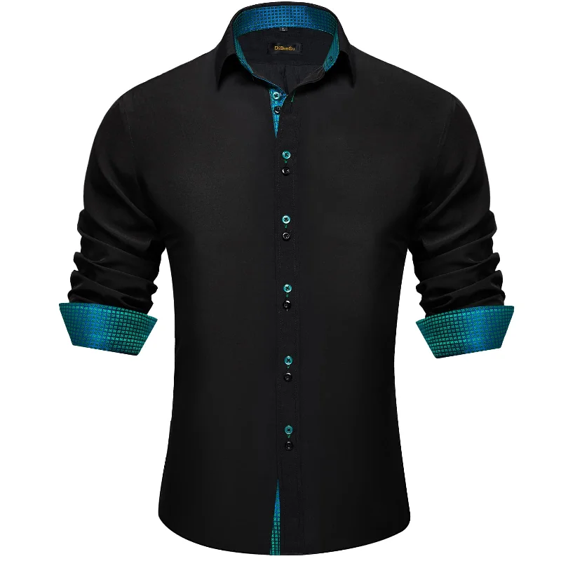 DiBanGu Mens Dress Shirt Black Solid Green Blue Plaid Splicing Silk Shirt