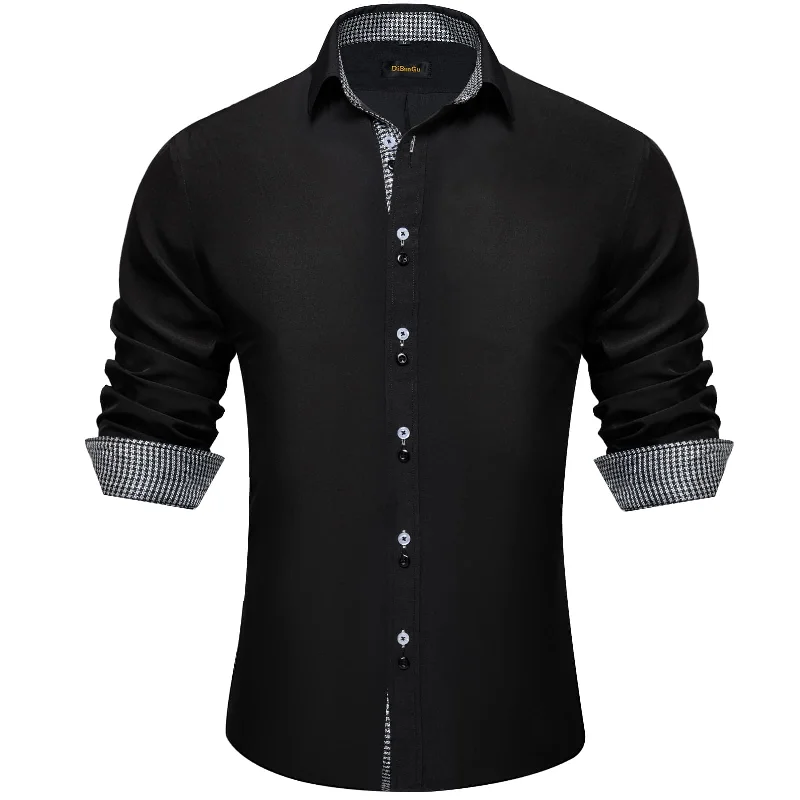 DiBanGu Mens Dress Shirt Black Solid Houndstooth Splicing Silk Shirt