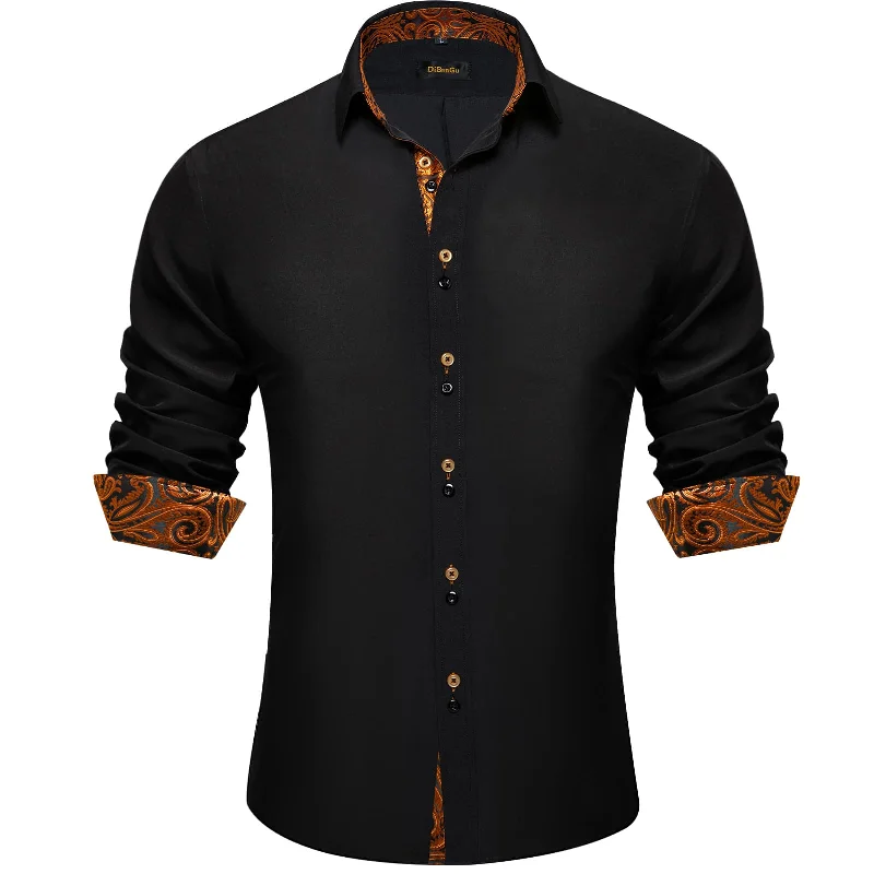 DiBanGu Mens Dress Shirt Black Solid Orange Paisley Splicing Silk Shirt