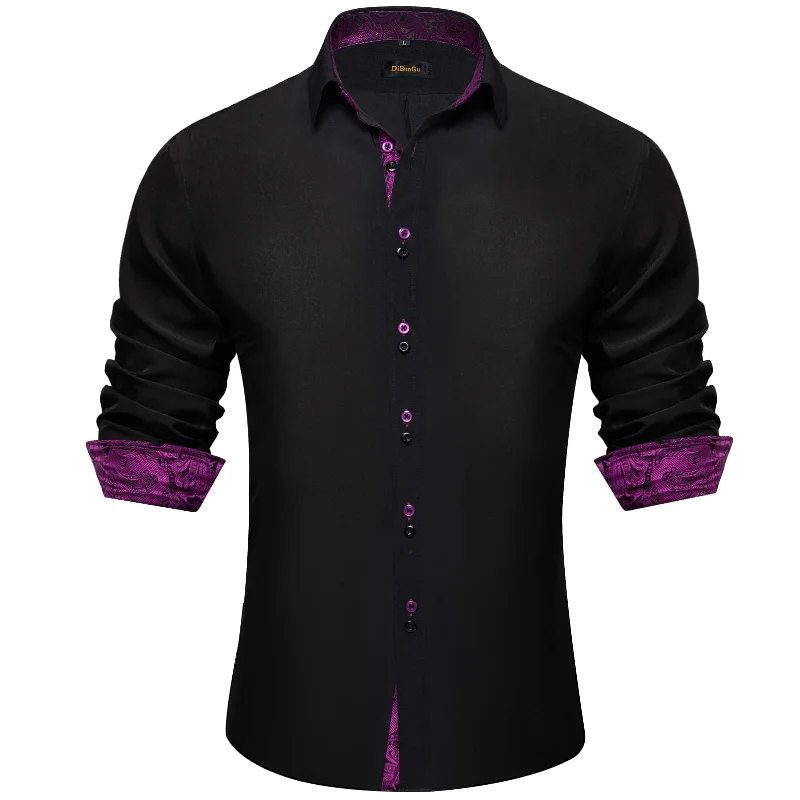 DiBanGu Mens Dress Shirt Black Solid Purple Floral Splicing Button Down Shirt