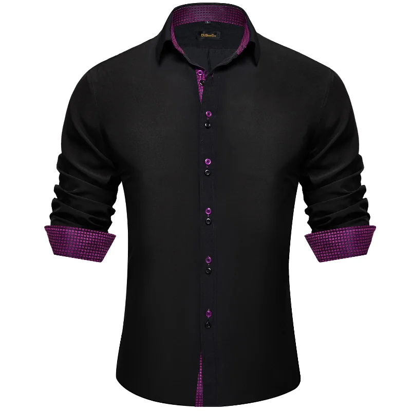 DiBanGu Mens Dress Shirt Black Solid Purple Plaid Splicing Silk Shirt