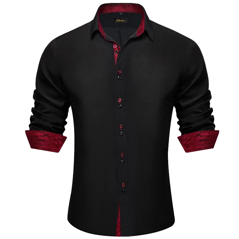 DiBanGu Mens Dress Shirt Black Solid Red Plaid Splicing Long Sleeve Shirt