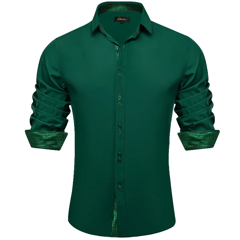 DiBanGu Mens Dress Shirt Solid Dark Green Splicing Silk Button Down Shirt