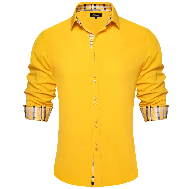 DiBanGu Mens Dress Shirt Solid Honey Yellow Splicing Silk Long Sleeve Shirt