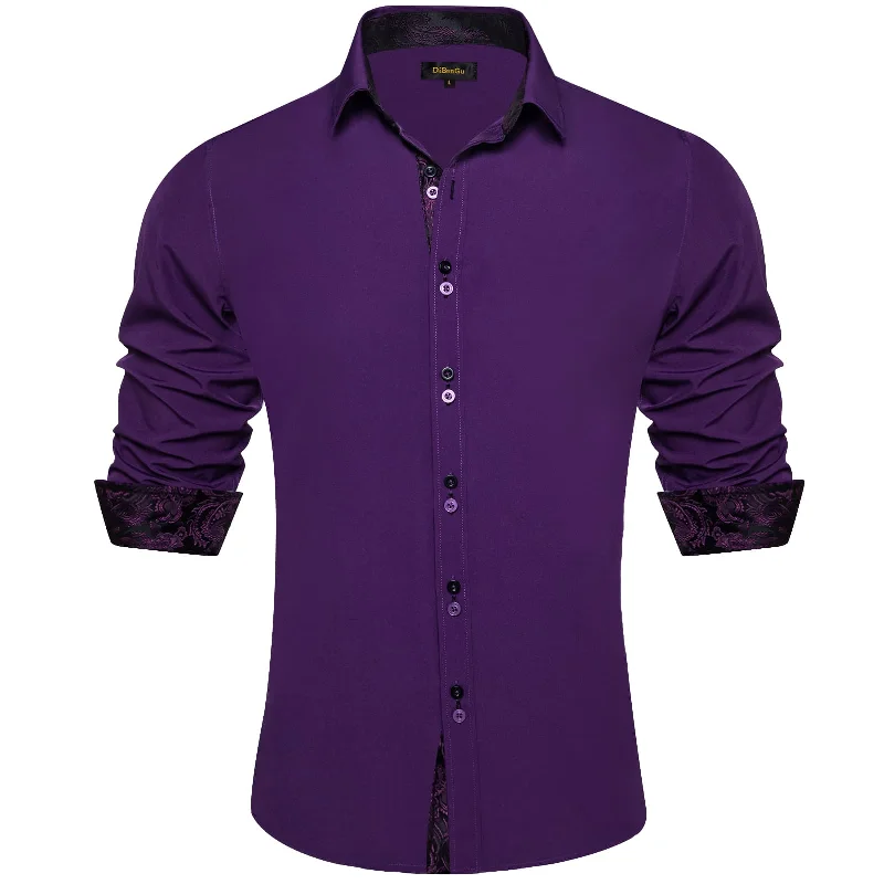 DiBanGu Mens Dress Shirt Solid Indigo Purple Splicing Silk Button Down Shirt