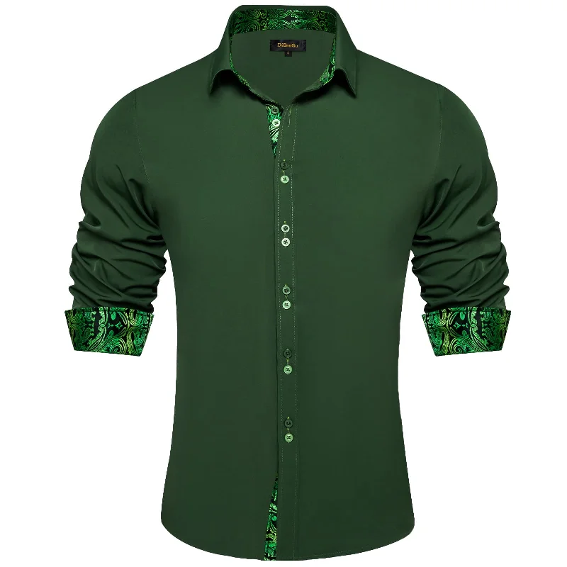 DiBanGu Mens Dress Shirt Solid Pine Green Splicing Silk Button Down Shirt